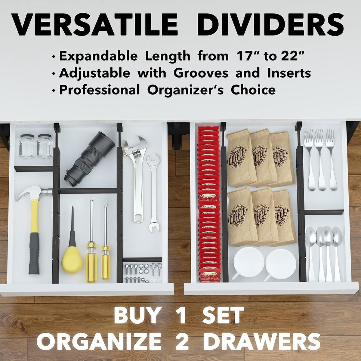 Bamboo Drawer Dividers with Inserts and Labels, Kitchen Adjustable Drawer Organizers, Expandable Organization for Home, Office, Dressers, 4 Dividers with 9 Inserts (17"-22" Natural)