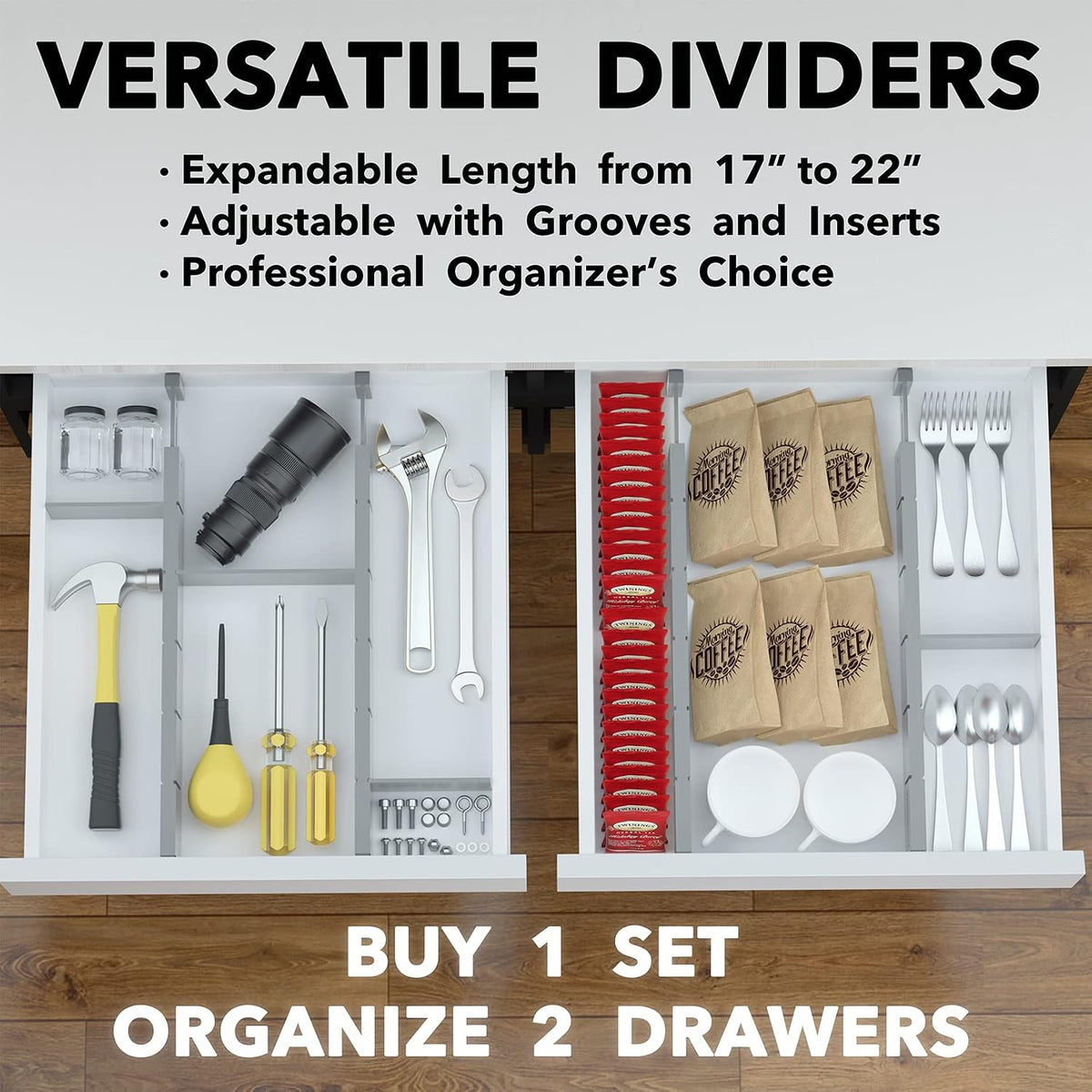 Bamboo Drawer Dividers with Inserts and Labels, Kitchen Adjustable Drawer Organizers, Expandable Organization for Home, Office, Dressers, 4 Dividers with 9 Inserts (17"-22" Natural)