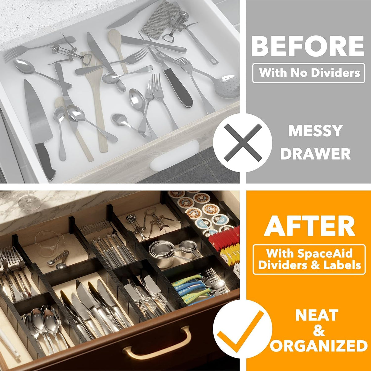 Bamboo Drawer Dividers with Inserts and Labels, Kitchen Adjustable Drawer Organizers, Expandable Organization for Home, Office, Dressers, 4 Dividers with 9 Inserts (17"-22" Natural)