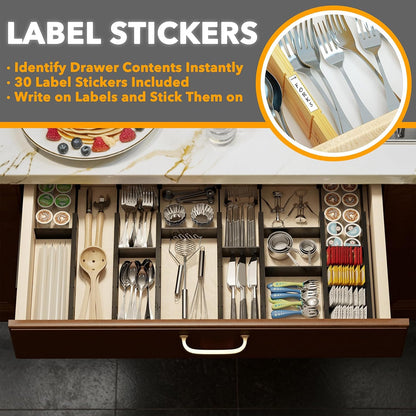 Bamboo Drawer Dividers with Inserts and Labels, Kitchen Adjustable Drawer Organizers, Expandable Organization for Home, Office, Dressers, 4 Dividers with 9 Inserts (17"-22" Natural)