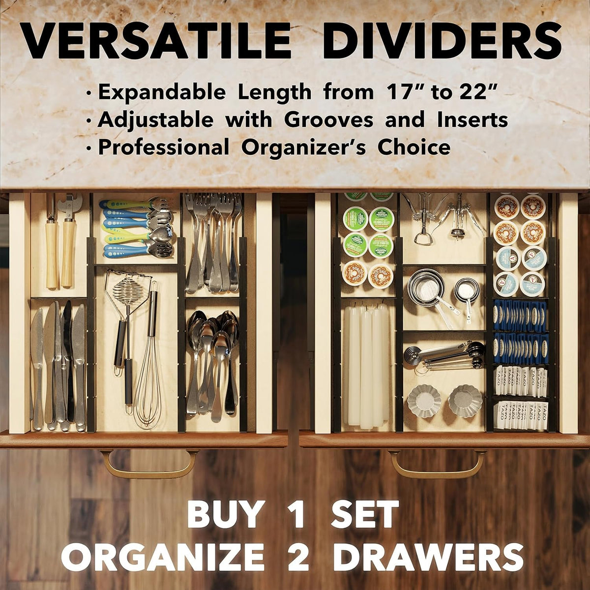 Bamboo Drawer Dividers with Inserts and Labels, Kitchen Adjustable Drawer Organizers, Expandable Organization for Home, Office, Dressers, 4 Dividers with 9 Inserts (17"-22" Natural)