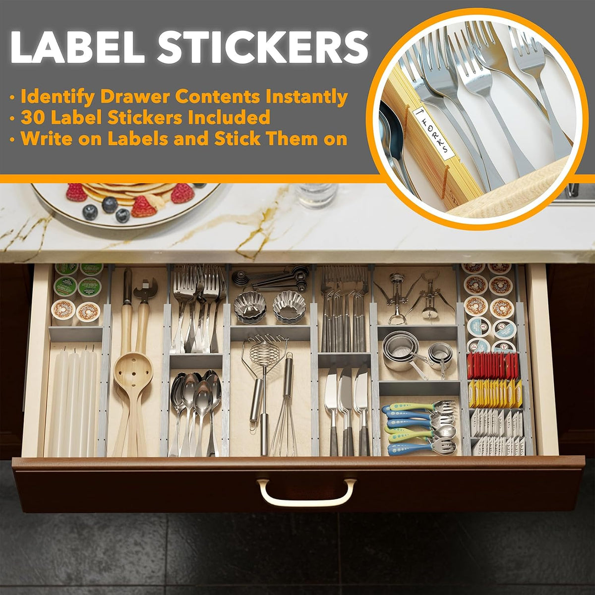 Bamboo Drawer Dividers with Inserts and Labels, Kitchen Adjustable Drawer Organizers, Expandable Organization for Home, Office, Dressers, 4 Dividers with 9 Inserts (17"-22" Natural)