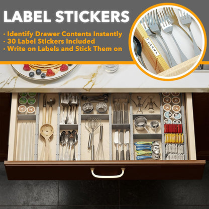 Bamboo Drawer Dividers with Inserts and Labels, Kitchen Adjustable Drawer Organizers, Expandable Organization for Home, Office, Dressers, 4 Dividers with 9 Inserts (17"-22" Natural)