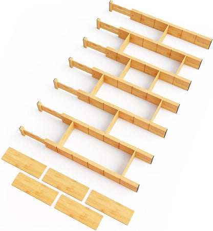Bamboo Drawer Dividers with Inserts and Labels, Kitchen Adjustable Drawer Organizers, Expandable Organization for Home, Office, Dressers, 4 Dividers with 9 Inserts (17"-22" Natural)