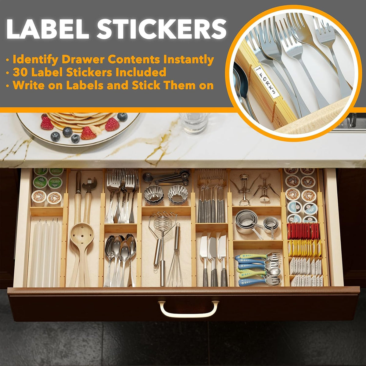 Bamboo Drawer Dividers with Inserts and Labels, Kitchen Adjustable Drawer Organizers, Expandable Organization for Home, Office, Dressers, 4 Dividers with 9 Inserts (17"-22" Natural)