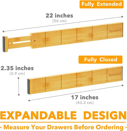 Bamboo Drawer Dividers with Inserts and Labels, Kitchen Adjustable Drawer Organizers, Expandable Organization for Home, Office, Dressers, 4 Dividers with 9 Inserts (17"-22" Natural)