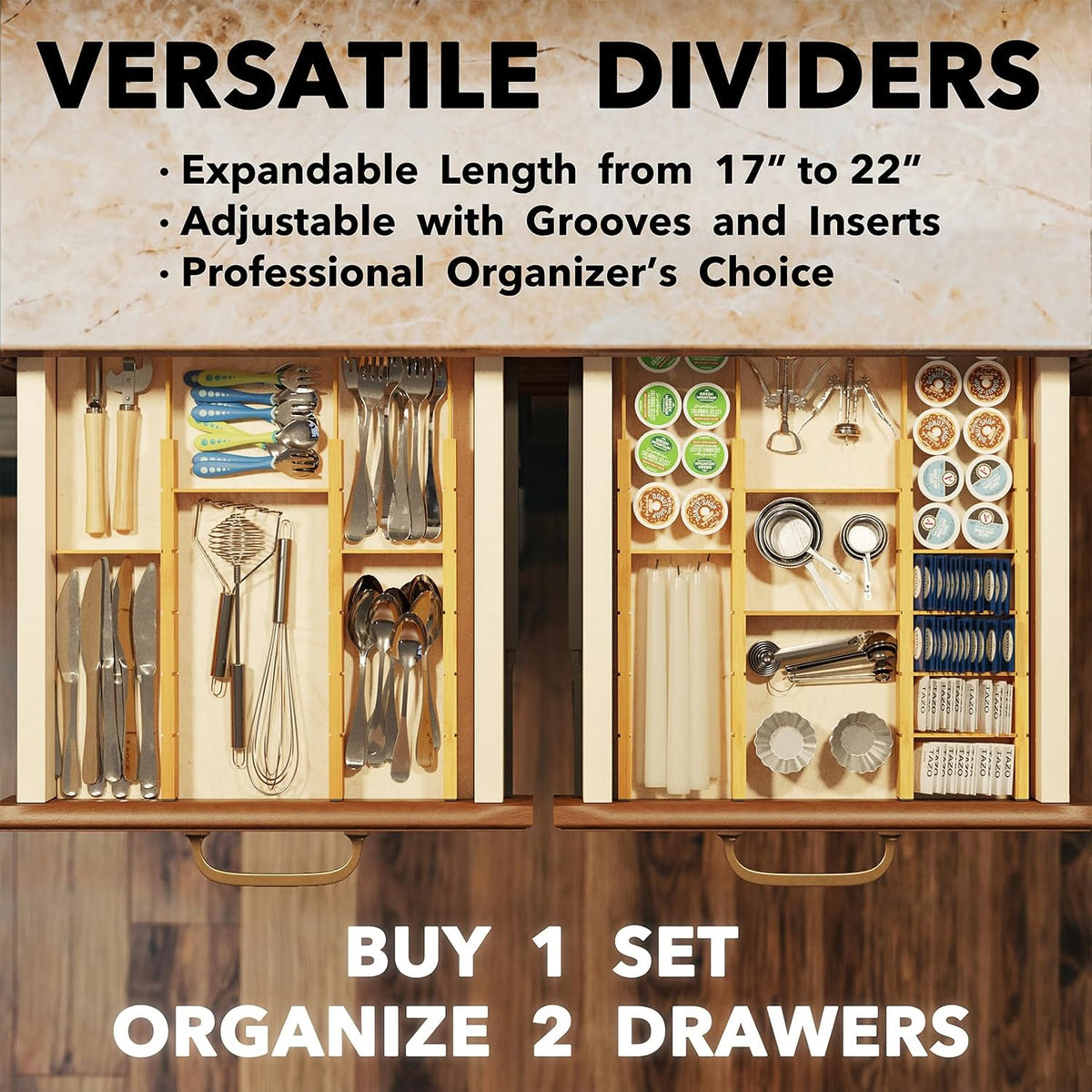Bamboo Drawer Dividers with Inserts and Labels, Kitchen Adjustable Drawer Organizers, Expandable Organization for Home, Office, Dressers, 4 Dividers with 9 Inserts (17"-22" Natural)