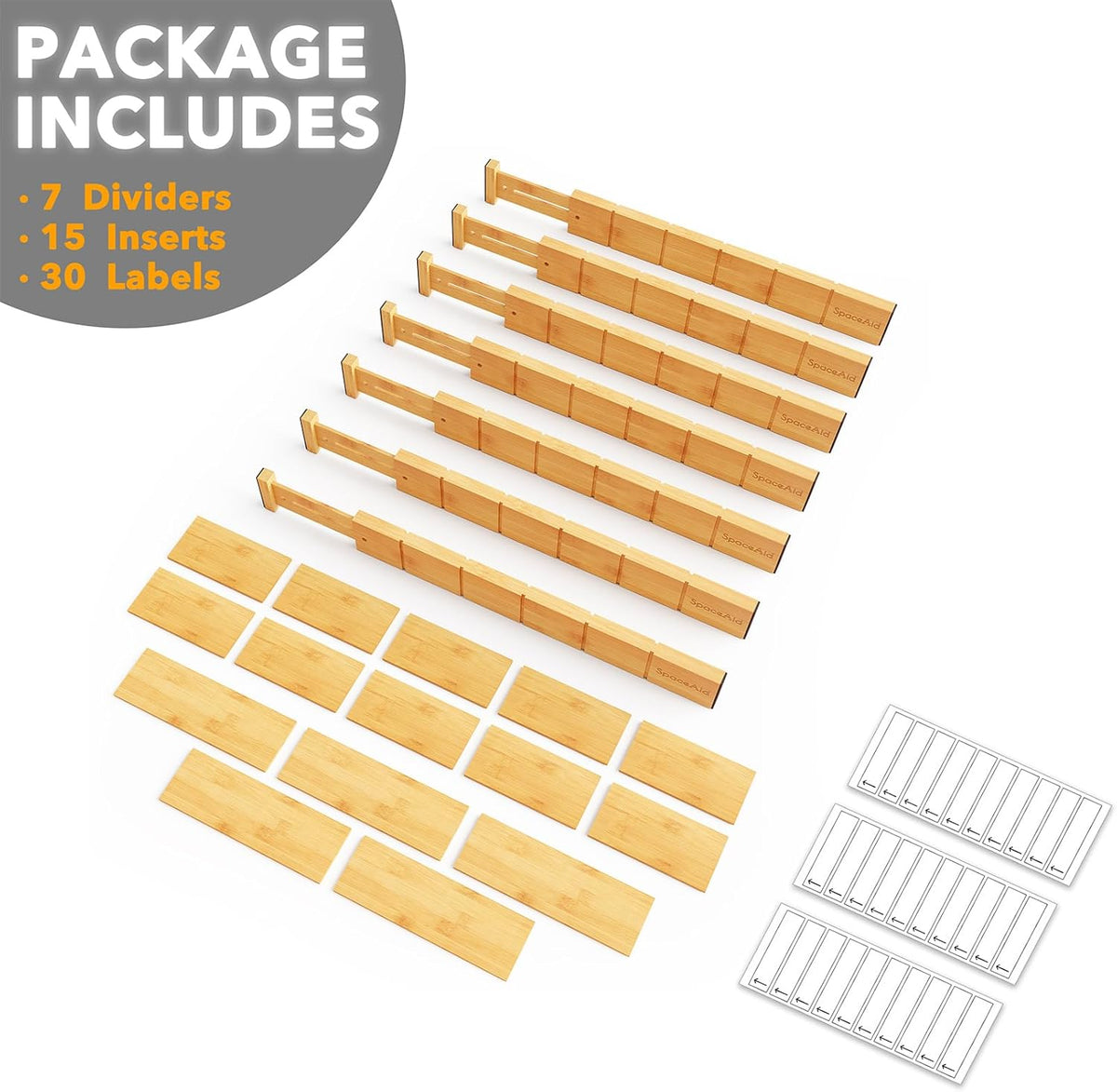 Bamboo Drawer Dividers with Inserts and Labels, Kitchen Adjustable Drawer Organizers, Expandable Organization for Home, Office, Dressers, 4 Dividers with 9 Inserts (17"-22" Natural)