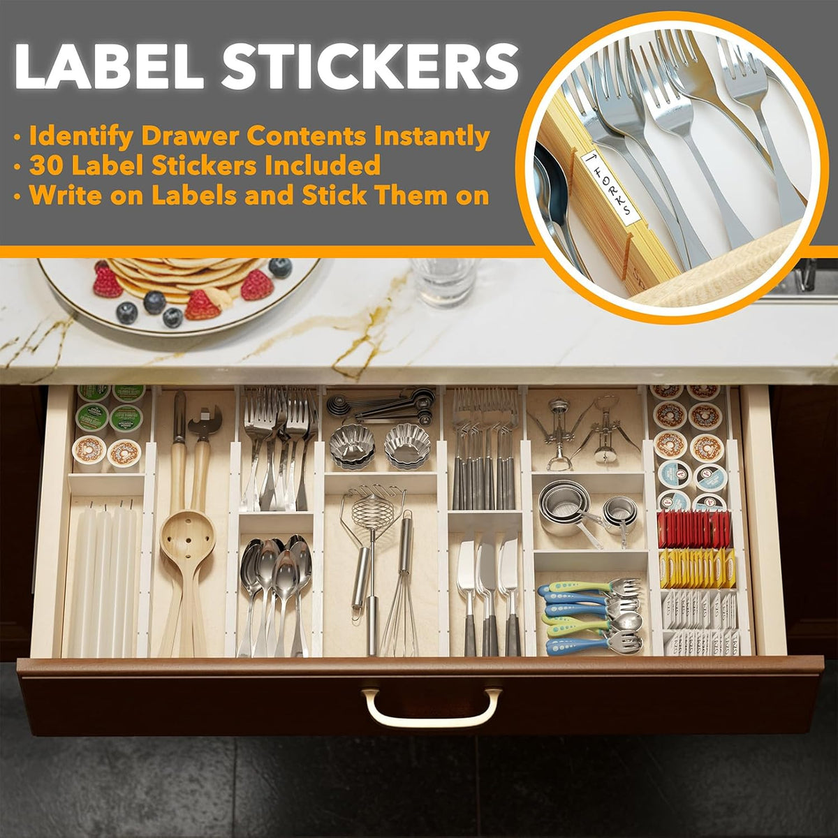 Bamboo Drawer Dividers with Inserts and Labels, Kitchen Adjustable Drawer Organizers, Expandable Organization for Home, Office, Dressers, 4 Dividers with 9 Inserts (17"-22" Natural)