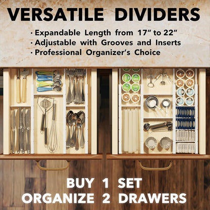Bamboo Drawer Dividers with Inserts and Labels, Kitchen Adjustable Drawer Organizers, Expandable Organization for Home, Office, Dressers, 4 Dividers with 9 Inserts (17"-22" Natural)