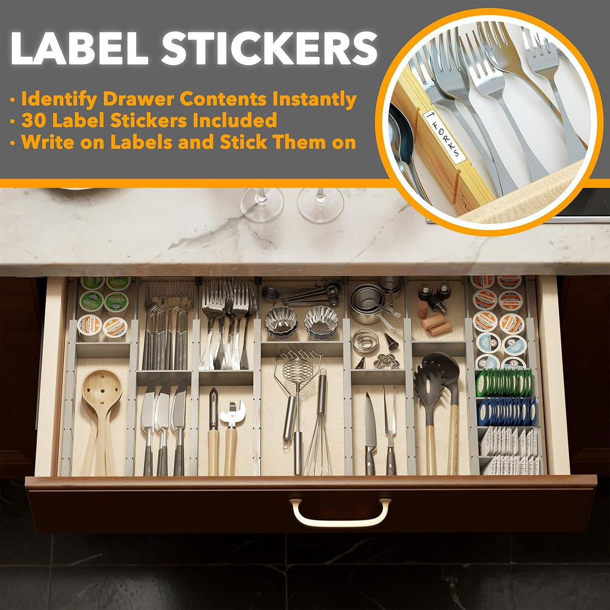 Bamboo Drawer Dividers with Inserts and Labels, Kitchen Adjustable Drawer Organizers, Expandable Organization for Home, Office, Dressers, 4 Dividers with 9 Inserts (17"-22" Natural)