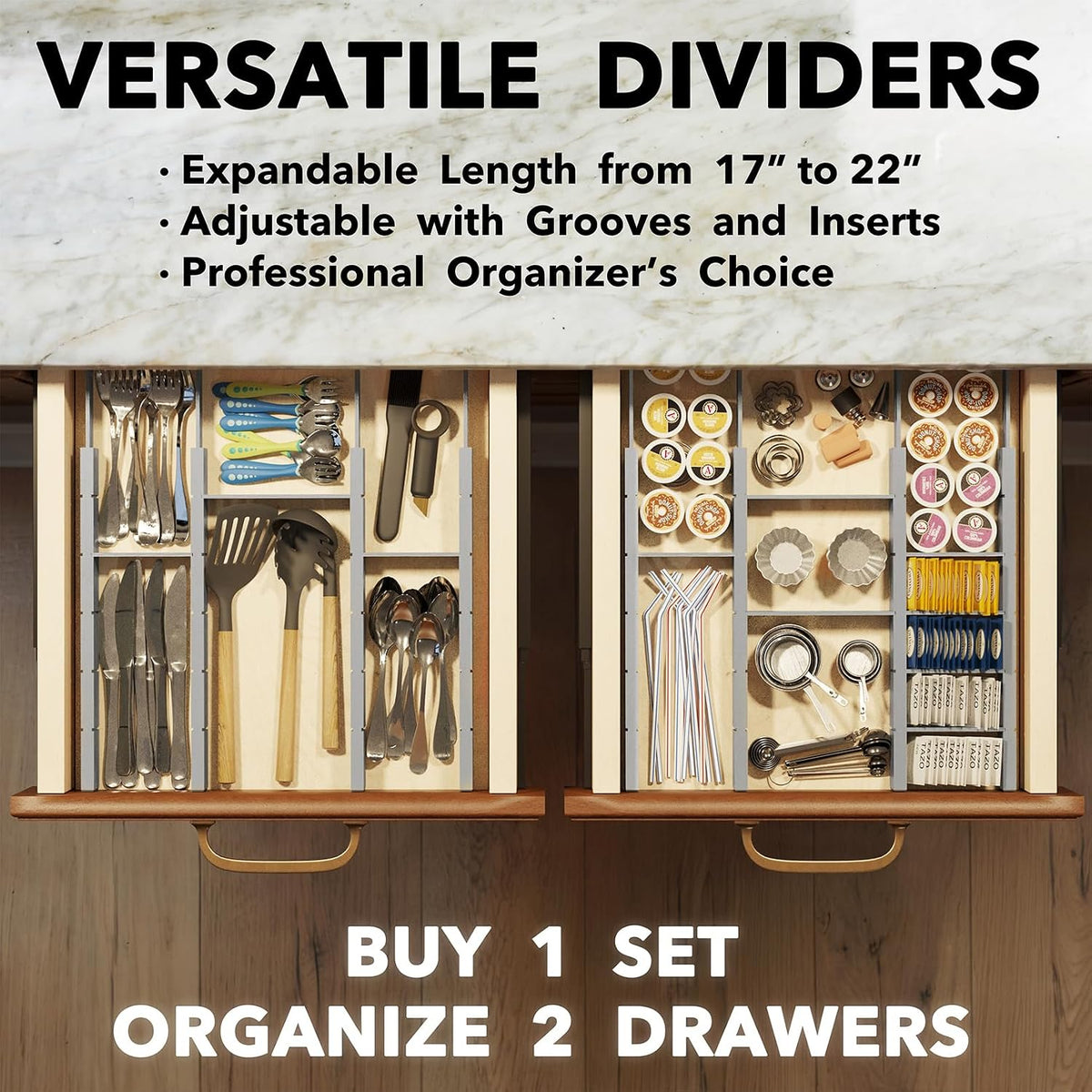 Bamboo Drawer Dividers with Inserts and Labels, Kitchen Adjustable Drawer Organizers, Expandable Organization for Home, Office, Dressers, 4 Dividers with 9 Inserts (17"-22" Natural)