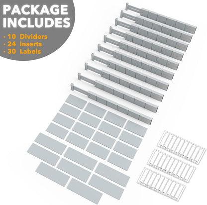 Bamboo Drawer Dividers with Inserts and Labels, Kitchen Adjustable Drawer Organizers, Expandable Organization for Home, Office, Dressers, 4 Dividers with 9 Inserts (17"-22" Natural)