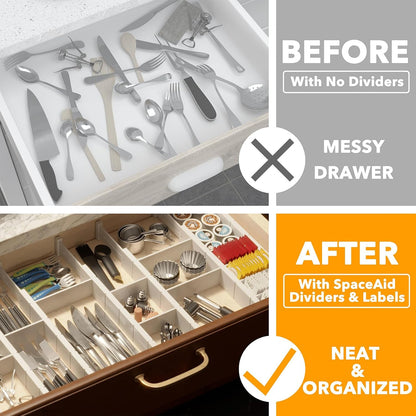 Bamboo Drawer Dividers with Inserts and Labels, Kitchen Adjustable Drawer Organizers, Expandable Organization for Home, Office, Dressers, 4 Dividers with 9 Inserts (17"-22" Natural)