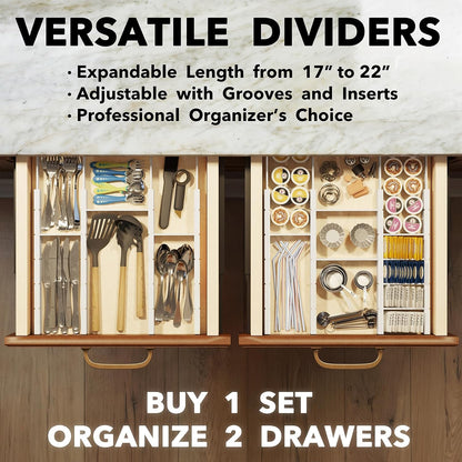 Bamboo Drawer Dividers with Inserts and Labels, Kitchen Adjustable Drawer Organizers, Expandable Organization for Home, Office, Dressers, 4 Dividers with 9 Inserts (17"-22" Natural)