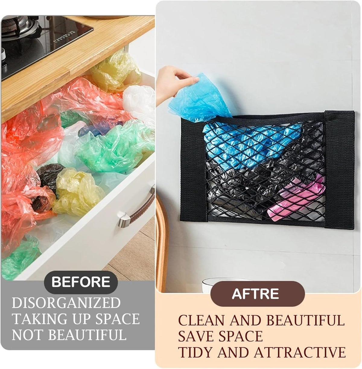 Plastic Bag Holder Mesh Storage Net Grocery Bag Holder Organizer Dispenser for Aluminum Foil, Trash Bag, Garbage Bag, Plastic Wrap, Shopping Bag Under Sink Cargo Organizers and Wall Mounted