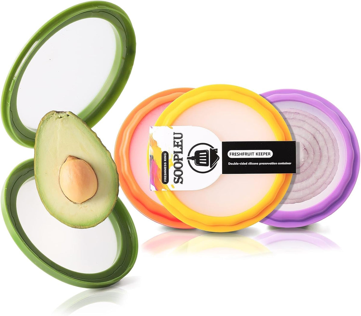 SOOPLEU Double-Sided Avocado Saver & Onion Storage, 4Pcs Food Holder | Upgraded Double-Sided Silicone! 4Pcs Avocado Saver & Onion Storage. Keeps garlic, tomato & produce fresh in fridge containers