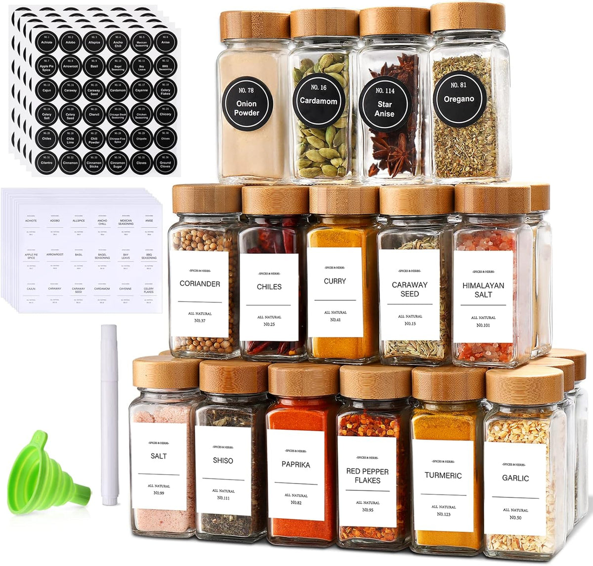 DIMBRAH Spice Jars with Label 24Pcs,Seasoning Containers,Glass Spice Jars with Bamboo Lids,Kitchen Essentials,Spices Container Set,Kitchen Set,Seasoning Organizer,A total of 96 oz