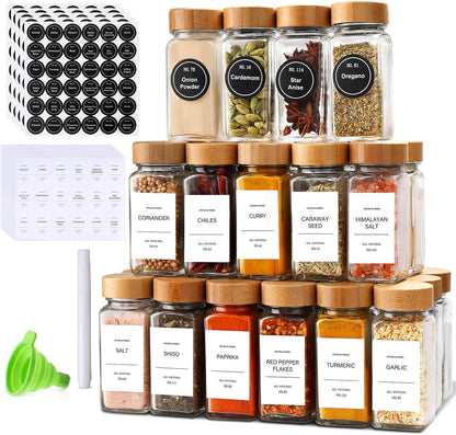 DIMBRAH Spice Jars with Label 24Pcs,Seasoning Containers,Glass Spice Jars with Bamboo Lids,Kitchen Essentials,Spices Container Set,Kitchen Set,Seasoning Organizer,A total of 96 oz