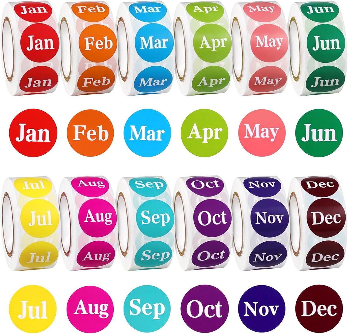 6000 Labels Month Stickers, 12 Rolls 1 Inch Round, 12 Months of The Year, Expiration Date, Food Labels (Multicolor)