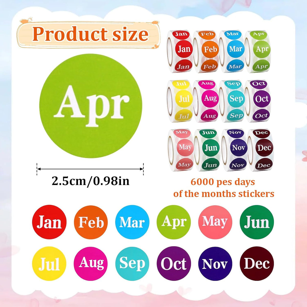 6000 Labels Month Stickers, 12 Rolls 1 Inch Round, 12 Months of The Year, Expiration Date, Food Labels (Multicolor)