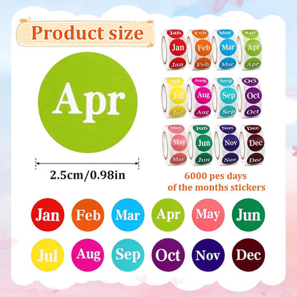 6000 Labels Month Stickers, 12 Rolls 1 Inch Round, 12 Months of The Year, Expiration Date, Food Labels (Multicolor)