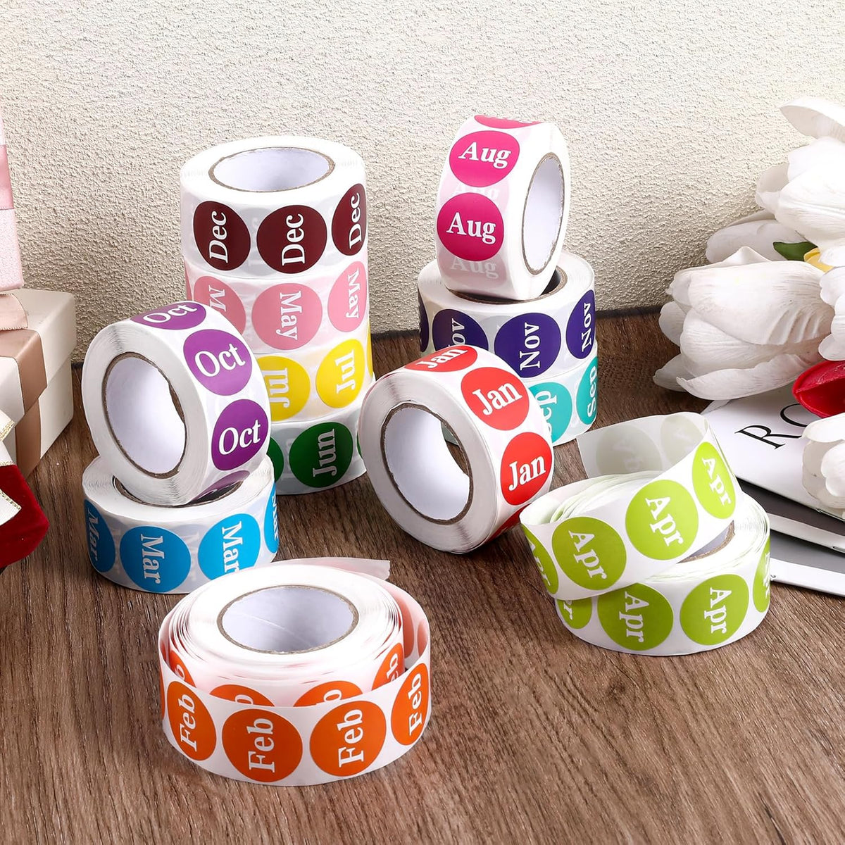 6000 Labels Month Stickers, 12 Rolls 1 Inch Round, 12 Months of The Year, Expiration Date, Food Labels (Multicolor)