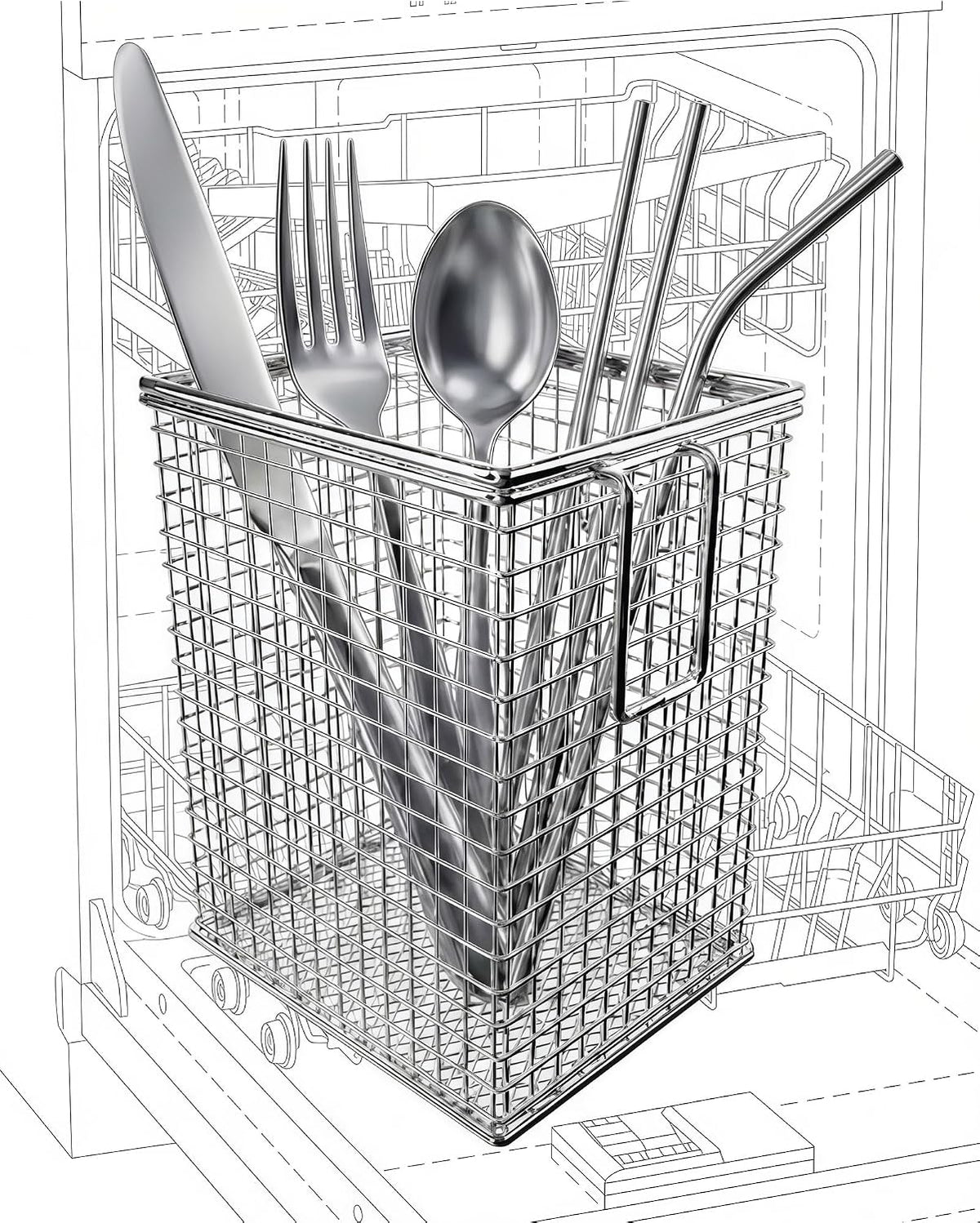 Dishwasher Chopstick Basket with Hook, 304 Stainless Steel