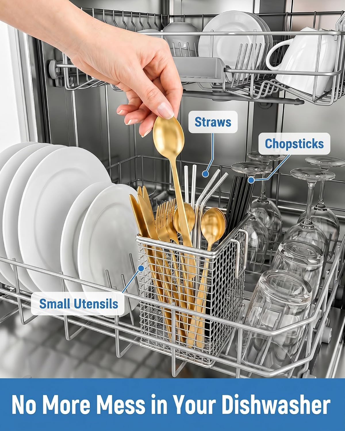 Dishwasher Chopstick Basket with Hook, 304 Stainless Steel