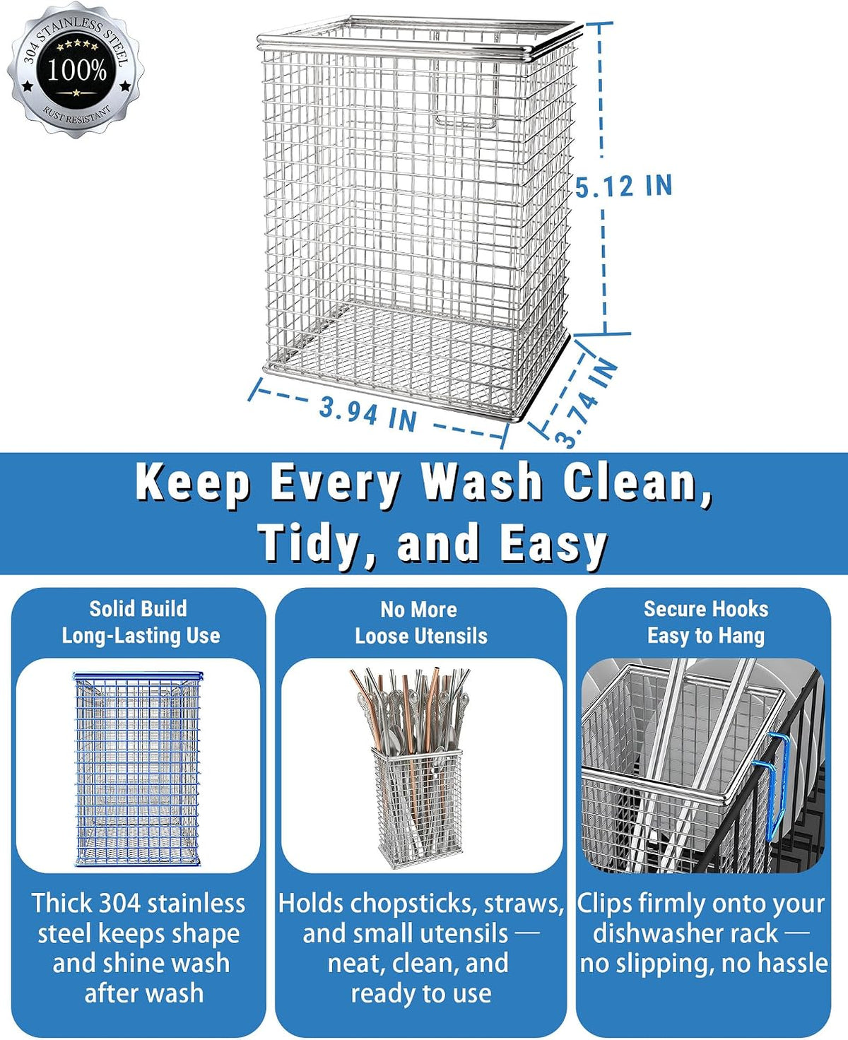 Dishwasher Chopstick Basket with Hook, 304 Stainless Steel