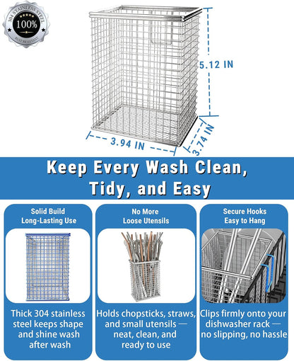Dishwasher Chopstick Basket with Hook, 304 Stainless Steel