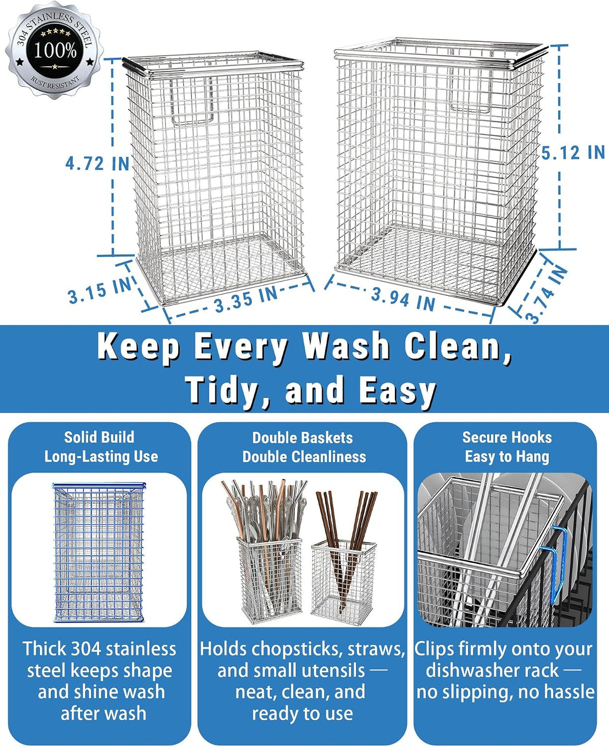 Dishwasher Chopstick Basket with Hook, 304 Stainless Steel
