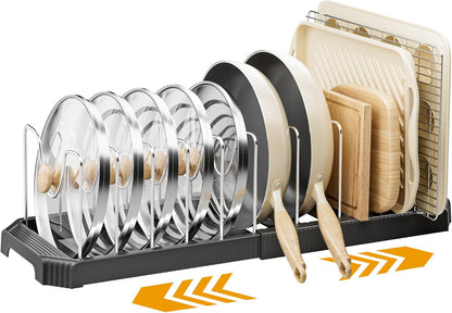 Pots and Pans Organizer under Cabinet, Pan Pot Organizer Inside Cabinet, Expandable 12.9''-21.88'' Pot Lid Organizer Holder with 10 Adjustable Dividers for Cutting Boards, Pan Lid Rack, White