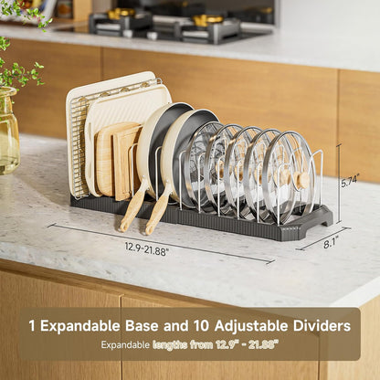 Pots and Pans Organizer under Cabinet, Pan Pot Organizer Inside Cabinet, Expandable 12.9''-21.88'' Pot Lid Organizer Holder with 10 Adjustable Dividers for Cutting Boards, Pan Lid Rack, White