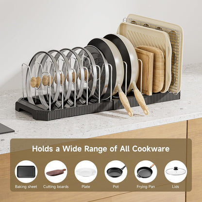 Pots and Pans Organizer under Cabinet, Pan Pot Organizer Inside Cabinet, Expandable 12.9''-21.88'' Pot Lid Organizer Holder with 10 Adjustable Dividers for Cutting Boards, Pan Lid Rack, White
