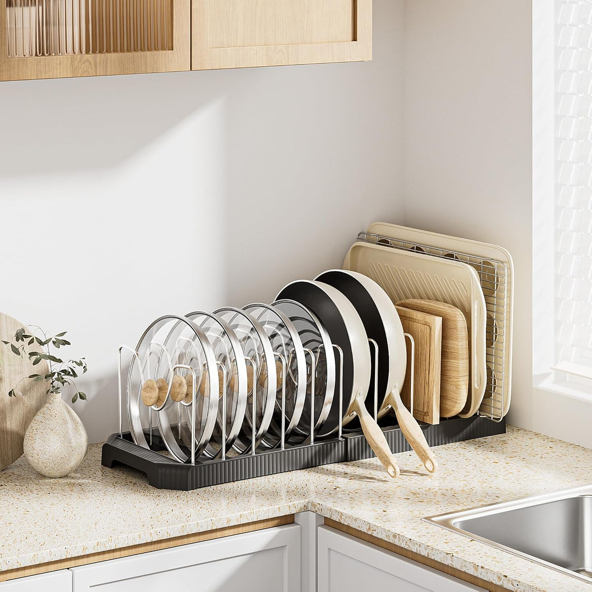 Pots and Pans Organizer under Cabinet, Pan Pot Organizer Inside Cabinet, Expandable 12.9''-21.88'' Pot Lid Organizer Holder with 10 Adjustable Dividers for Cutting Boards, Pan Lid Rack, White