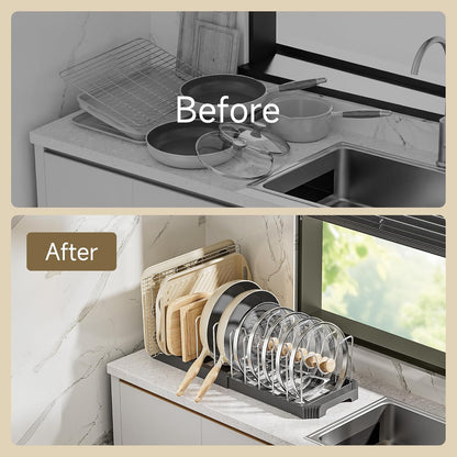 Pots and Pans Organizer under Cabinet, Pan Pot Organizer Inside Cabinet, Expandable 12.9''-21.88'' Pot Lid Organizer Holder with 10 Adjustable Dividers for Cutting Boards, Pan Lid Rack, White