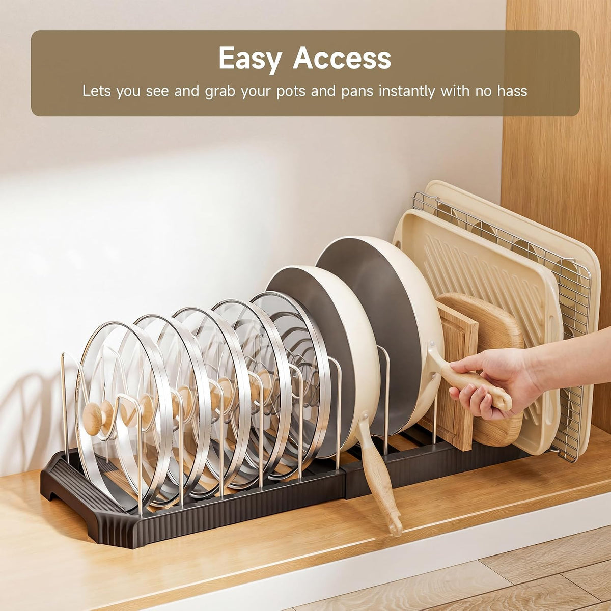 Pots and Pans Organizer under Cabinet, Pan Pot Organizer Inside Cabinet, Expandable 12.9''-21.88'' Pot Lid Organizer Holder with 10 Adjustable Dividers for Cutting Boards, Pan Lid Rack, White