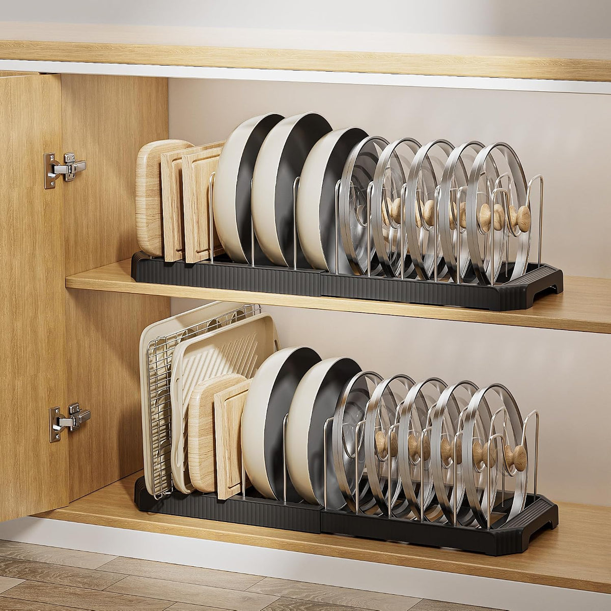 Pots and Pans Organizer under Cabinet, Pan Pot Organizer Inside Cabinet, Expandable 12.9''-21.88'' Pot Lid Organizer Holder with 10 Adjustable Dividers for Cutting Boards, Pan Lid Rack, White