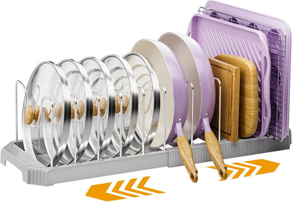 Pots and Pans Organizer under Cabinet, Pan Pot Organizer Inside Cabinet, Expandable 12.9''-21.88'' Pot Lid Organizer Holder with 10 Adjustable Dividers for Cutting Boards, Pan Lid Rack, White