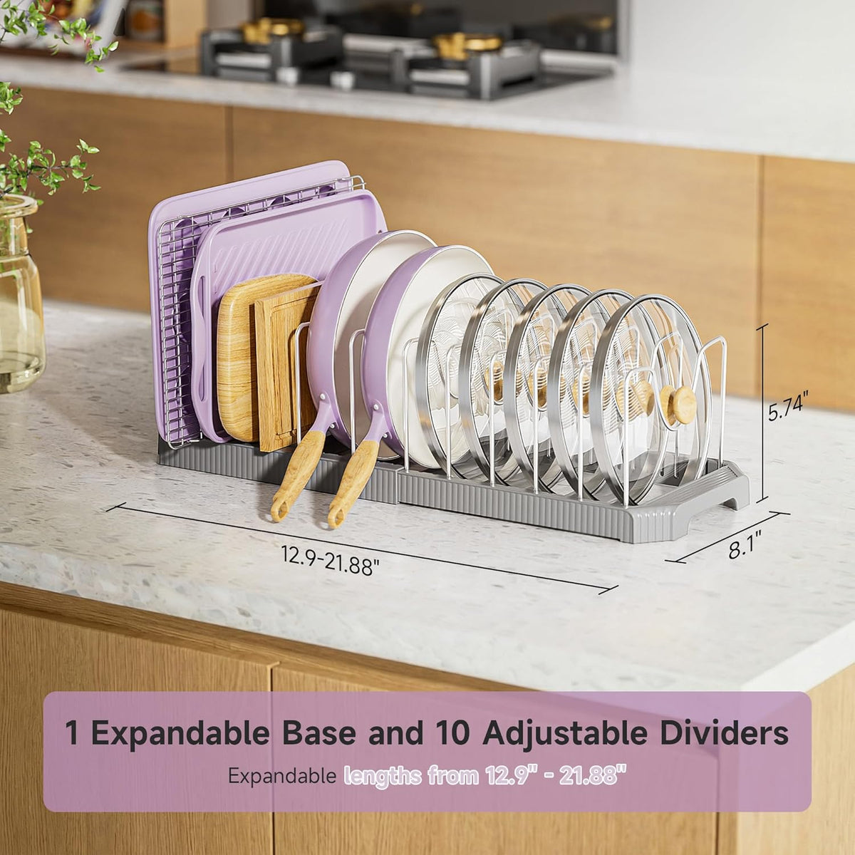 Pots and Pans Organizer under Cabinet, Pan Pot Organizer Inside Cabinet, Expandable 12.9''-21.88'' Pot Lid Organizer Holder with 10 Adjustable Dividers for Cutting Boards, Pan Lid Rack, White