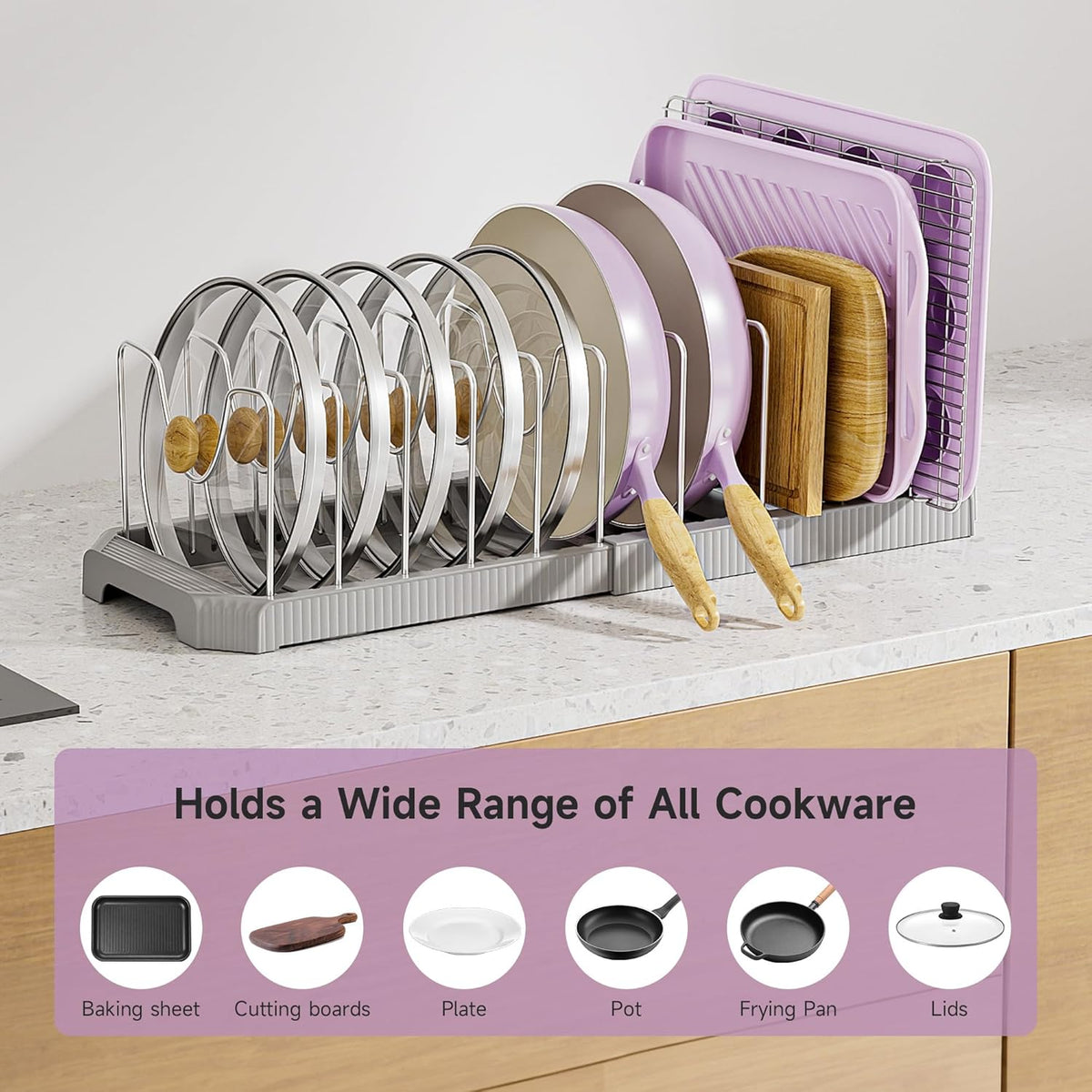 Pots and Pans Organizer under Cabinet, Pan Pot Organizer Inside Cabinet, Expandable 12.9''-21.88'' Pot Lid Organizer Holder with 10 Adjustable Dividers for Cutting Boards, Pan Lid Rack, White