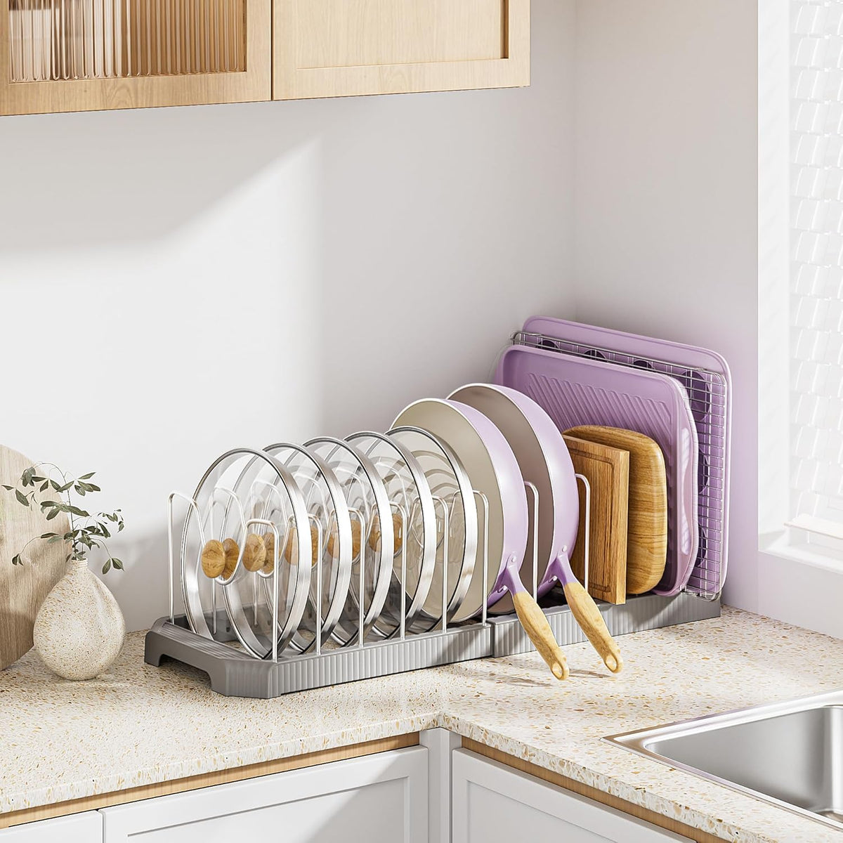 Pots and Pans Organizer under Cabinet, Pan Pot Organizer Inside Cabinet, Expandable 12.9''-21.88'' Pot Lid Organizer Holder with 10 Adjustable Dividers for Cutting Boards, Pan Lid Rack, White