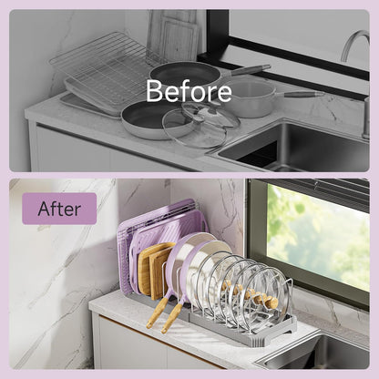 Pots and Pans Organizer under Cabinet, Pan Pot Organizer Inside Cabinet, Expandable 12.9''-21.88'' Pot Lid Organizer Holder with 10 Adjustable Dividers for Cutting Boards, Pan Lid Rack, White