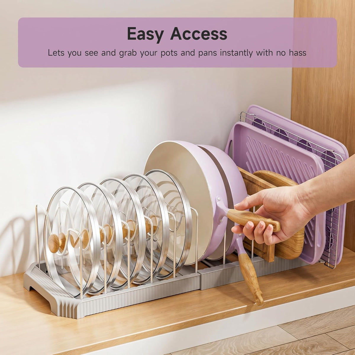 Pots and Pans Organizer under Cabinet, Pan Pot Organizer Inside Cabinet, Expandable 12.9''-21.88'' Pot Lid Organizer Holder with 10 Adjustable Dividers for Cutting Boards, Pan Lid Rack, White