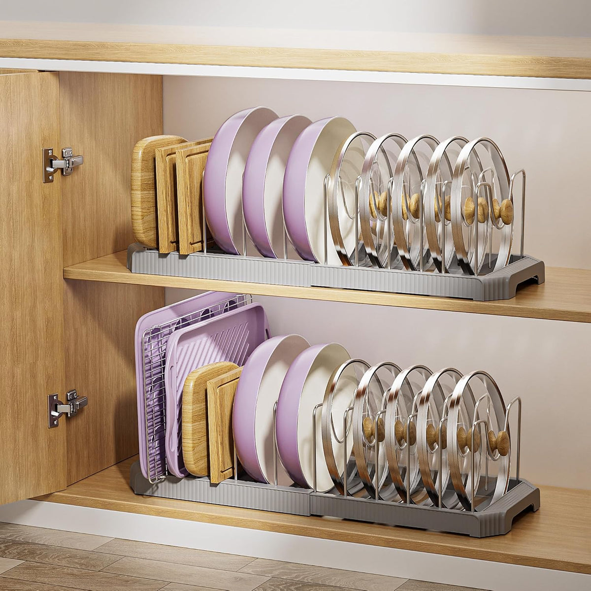 Pots and Pans Organizer under Cabinet, Pan Pot Organizer Inside Cabinet, Expandable 12.9''-21.88'' Pot Lid Organizer Holder with 10 Adjustable Dividers for Cutting Boards, Pan Lid Rack, White