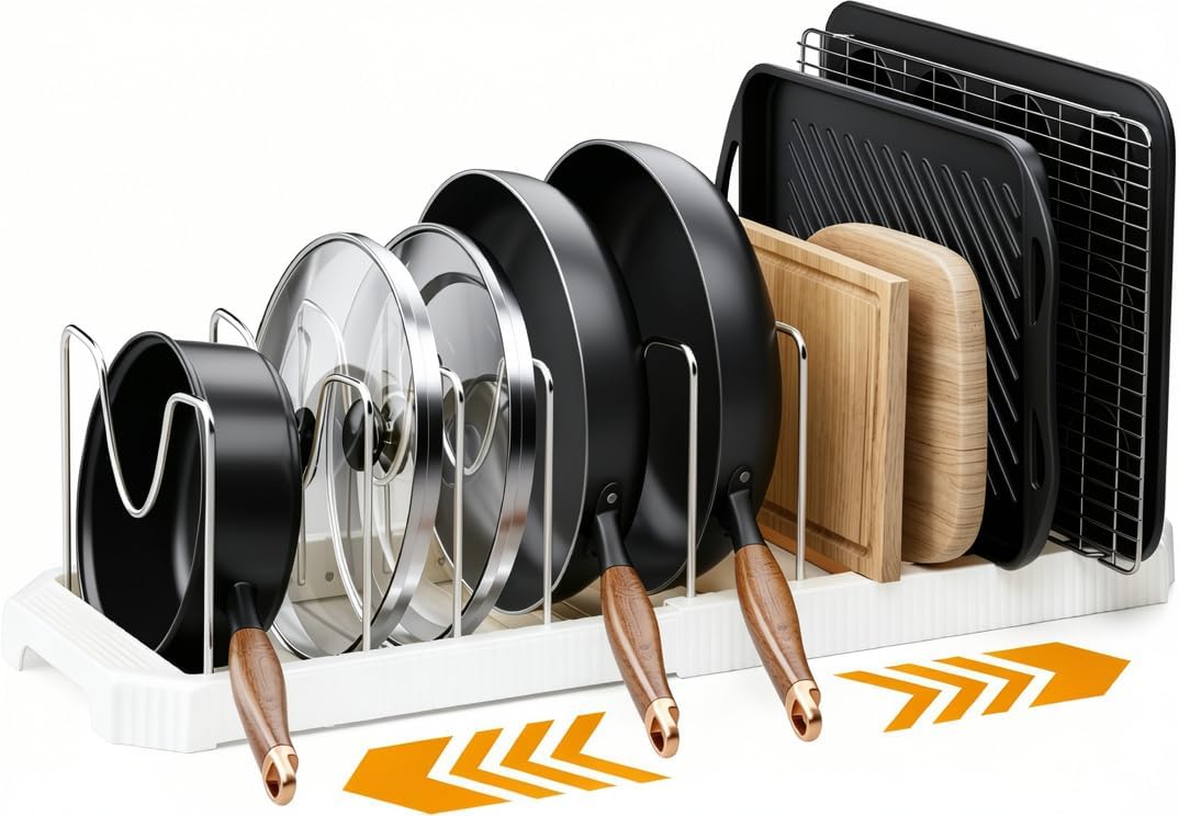 Pots and Pans Organizer under Cabinet, Pan Pot Organizer Inside Cabinet, Expandable 12.9''-21.88'' Pot Lid Organizer Holder with 10 Adjustable Dividers for Cutting Boards, Pan Lid Rack, White