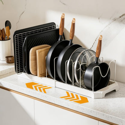 Pots and Pans Organizer under Cabinet, Pan Pot Organizer Inside Cabinet, Expandable 12.9''-21.88'' Pot Lid Organizer Holder with 10 Adjustable Dividers for Cutting Boards, Pan Lid Rack, White