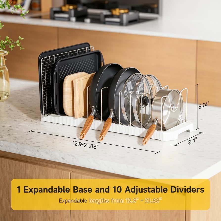 Pots and Pans Organizer under Cabinet, Pan Pot Organizer Inside Cabinet, Expandable 12.9''-21.88'' Pot Lid Organizer Holder with 10 Adjustable Dividers for Cutting Boards, Pan Lid Rack, White