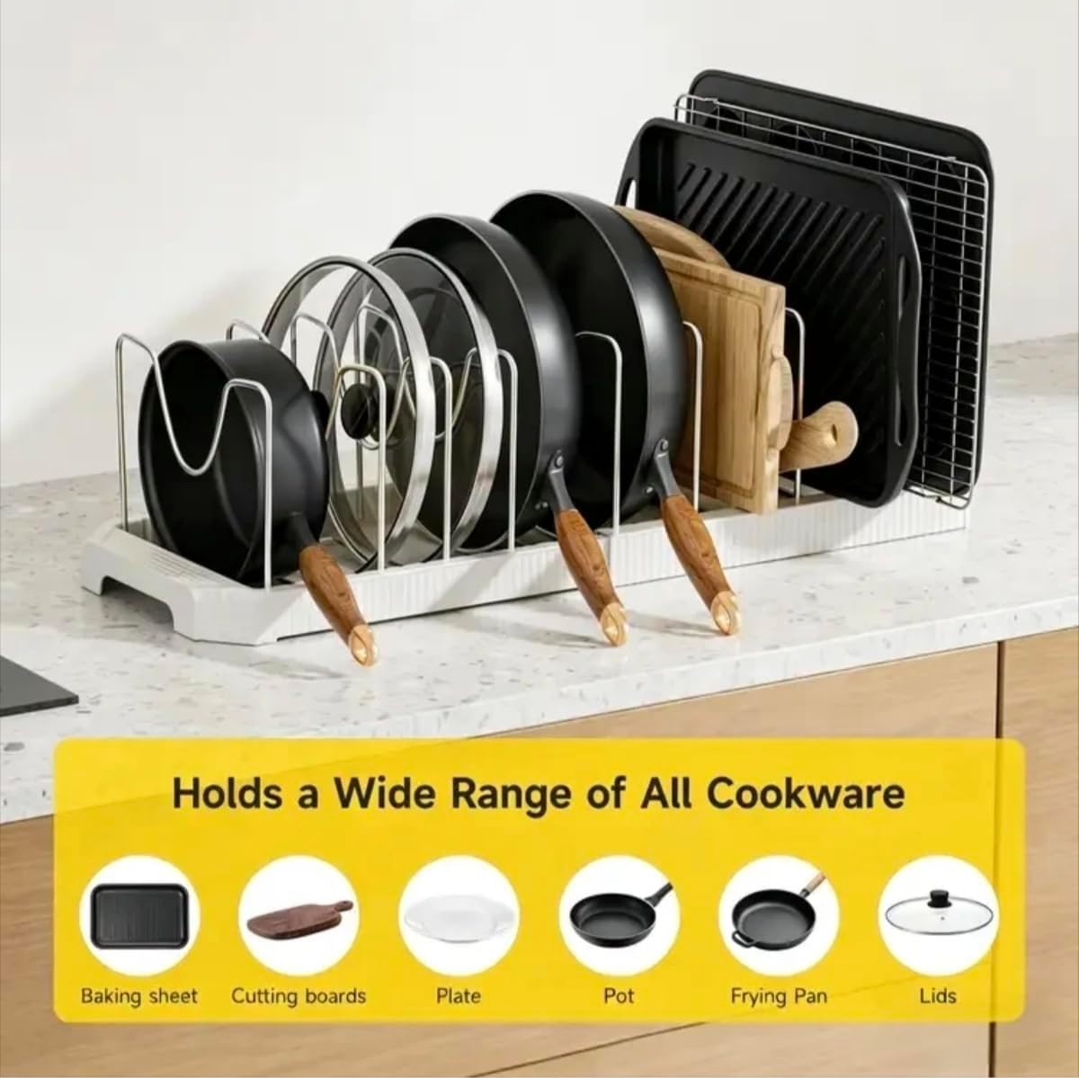 Pots and Pans Organizer under Cabinet, Pan Pot Organizer Inside Cabinet, Expandable 12.9''-21.88'' Pot Lid Organizer Holder with 10 Adjustable Dividers for Cutting Boards, Pan Lid Rack, White